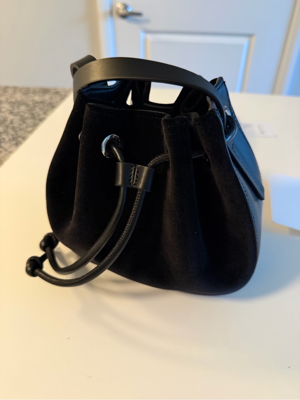 Theory Black Suede Drawstring Bucket Bag